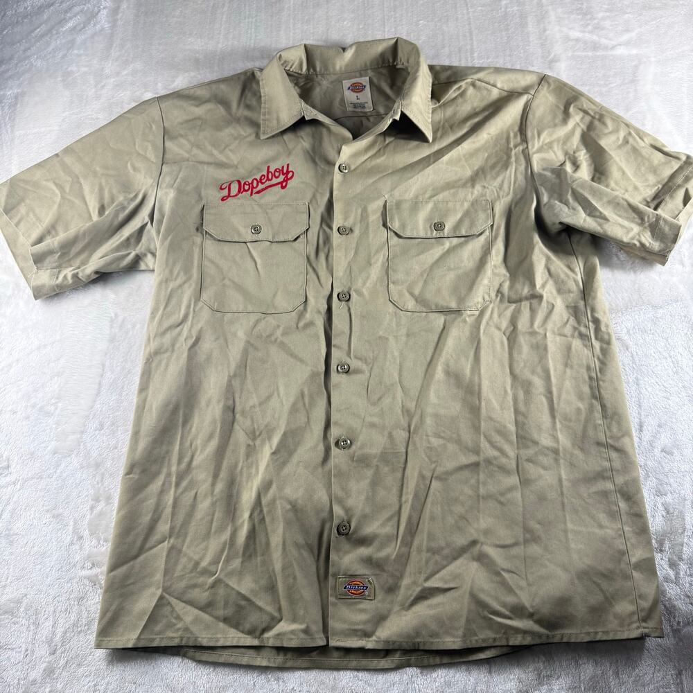 Dickies Dopeboy Button Down Work Shirt Men's Size Large Short Sleeve Beige